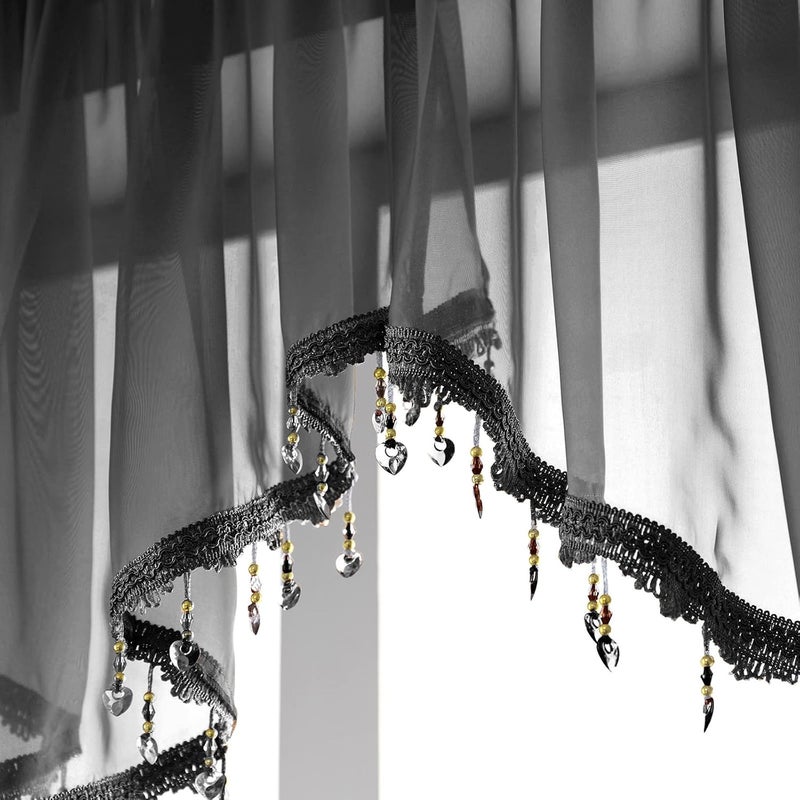 PearAge Beaded Sheer Valance Curtains for Living Room,Rod Pocket Farmhouse Window Valance, Bead Trim Tassel Voile Sheer Curtain Valance for Bedroom Bathroom Cafe 51x24 Inches (Black) 1PC - Image 5